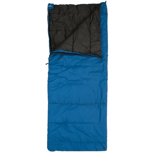 A blue sleeping bag with a black quilted interior lining, shown partially unzipped on a plain white background.