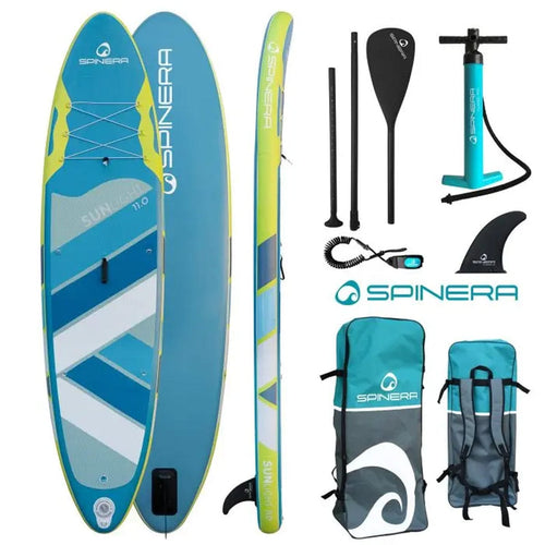 Spinera paddleboard set with board, pump, leash, fins, and bags on a white background
