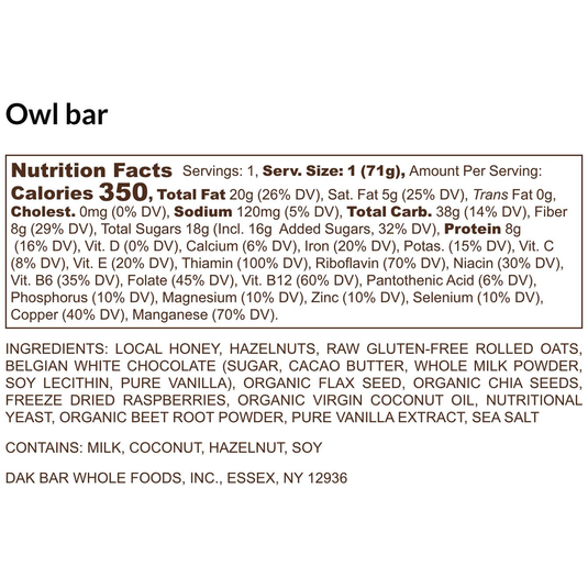 Dak Bar Owl  - Rasberry, White Chocolate & Hazelnut