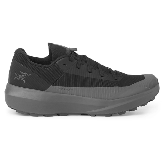 Black and gray athletic shoe on a white background