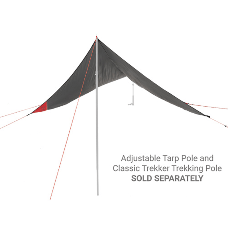 Load image into Gallery viewer, A dark gray adjustable tarp suspended between two trekking poles on a white background, with text reading 'Adjustable Tarp Pole and Classic Trekker Trekking Pole SOLD SEPARATELY'.
