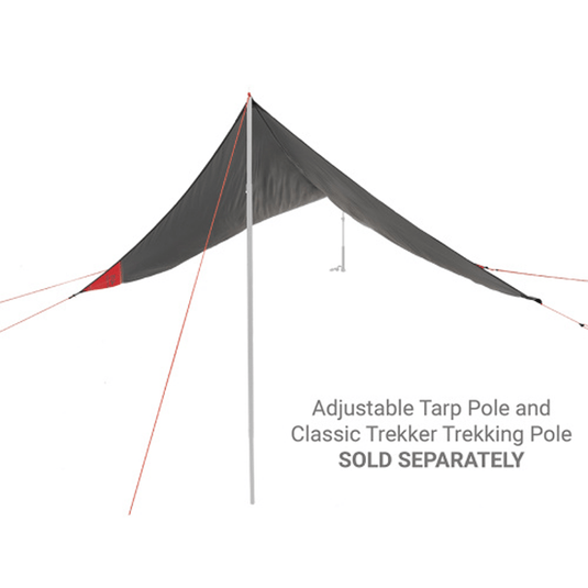 A dark gray adjustable tarp suspended between two trekking poles on a white background, with text reading 'Adjustable Tarp Pole and Classic Trekker Trekking Pole SOLD SEPARATELY'.