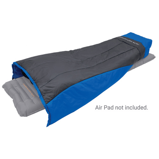 A mummy-style camping sleeping bag shown partially unzipped to reveal the gray liner, on a plain white background with the text 'Air Pad not included.'.