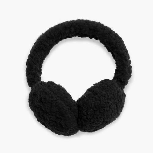 Black knitted ear muffs on a white background