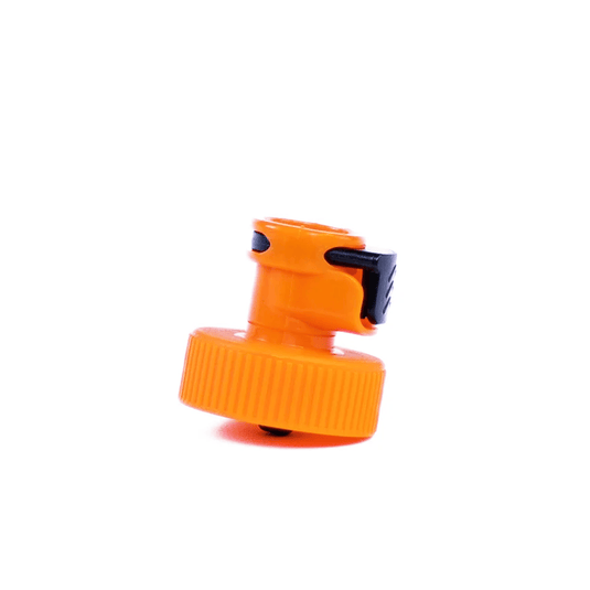 An orange plastic bottle cap or cap component with a ribbed circular base and a small black tab, shown on a plain white background.