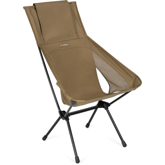 Brown camping chair with black metal legs on a white background