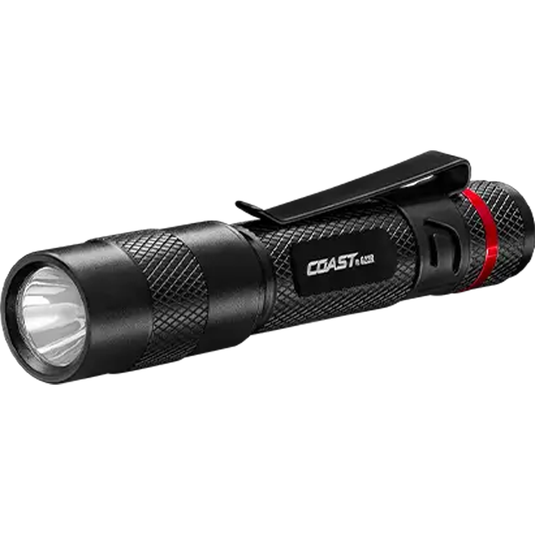 Black flashlight with visible brand logo on a white background