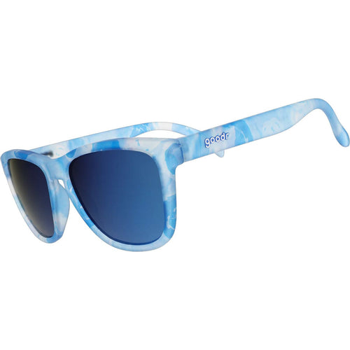 Blue sunglasses with a watercolor design on the frame against a white background