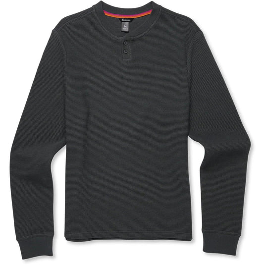 Black long-sleeve henley shirt on a white background