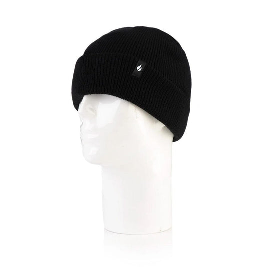 Black beanie on a mannequin head against a white background