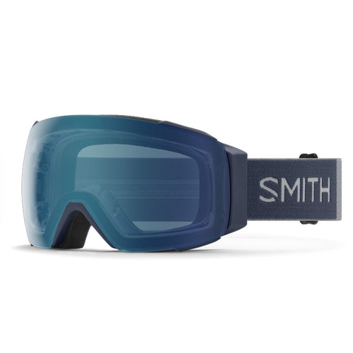 Blue goggles with 'Smith' branding on a white background