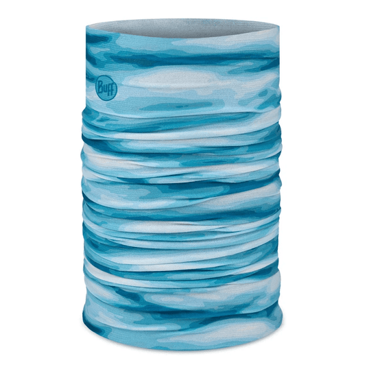 A tubular neck gaiter with a blue and white watercolor wave pattern, featuring a visible blue Buff logo on the upper left side, set against a plain white background.