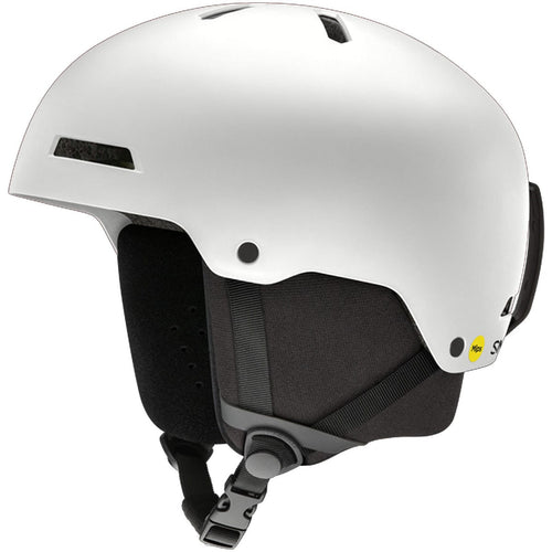 White helmet with black interior and chin strap on a white background