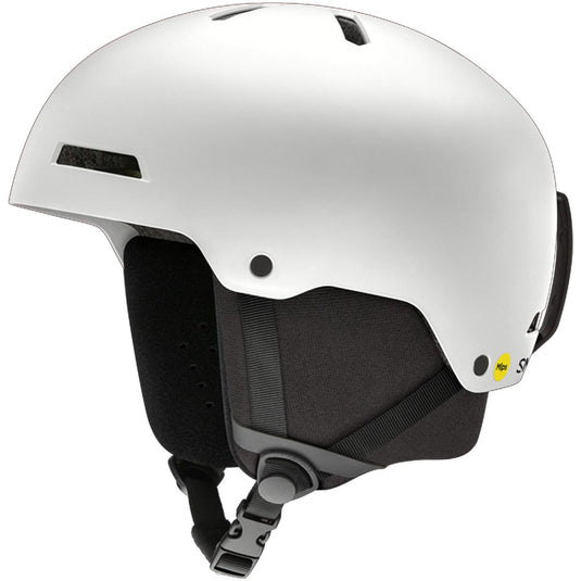 White helmet with black interior and chin strap on a white background