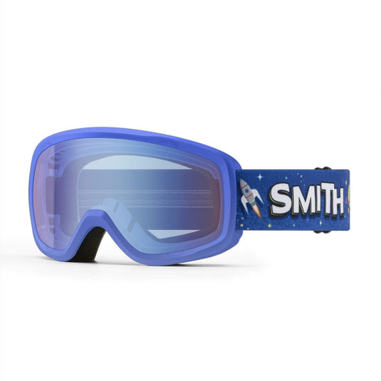 Blue goggles with a rocket design on the strap against a white background