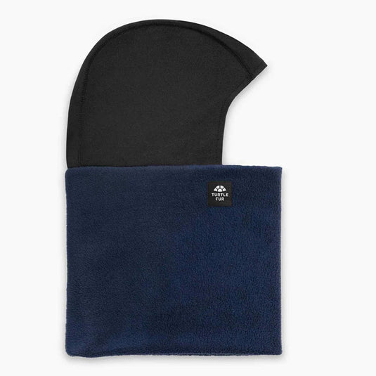 Black and navy balaclava with a brand logo on a white background