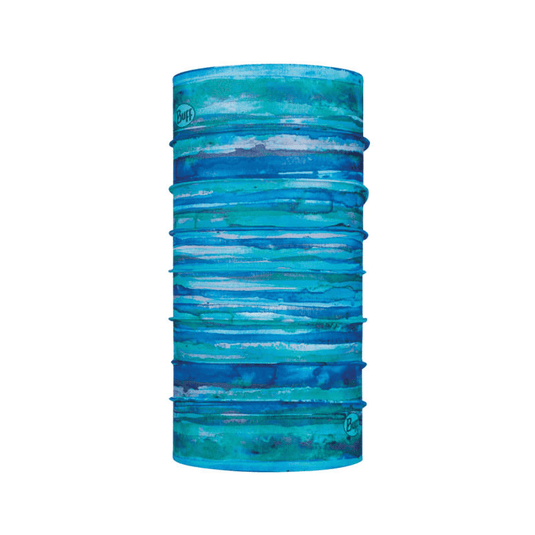 A tubular neck gaiter with a watercolor-style blue and teal pattern, shown on a plain white background.