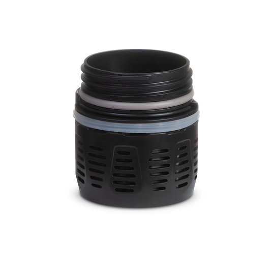 Black and gray cylindrical object with textured surface on a white background
