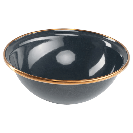 A dark charcoal gray ceramic bowl with a thin metallic gold rim, shown from a side angle on a white background.