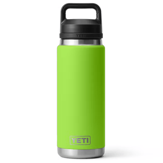Green YETI water bottle with black lid on a white background