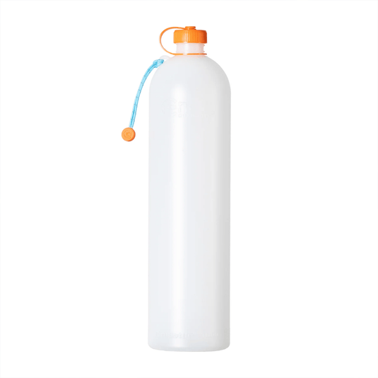 A tall, translucent white reusable water bottle with an orange screw cap, orange carrying loop, and a light blue strap with an orange bead, shown on a plain white background.