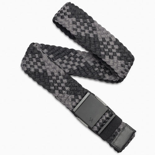 Woven belt with a black buckle on a white background
