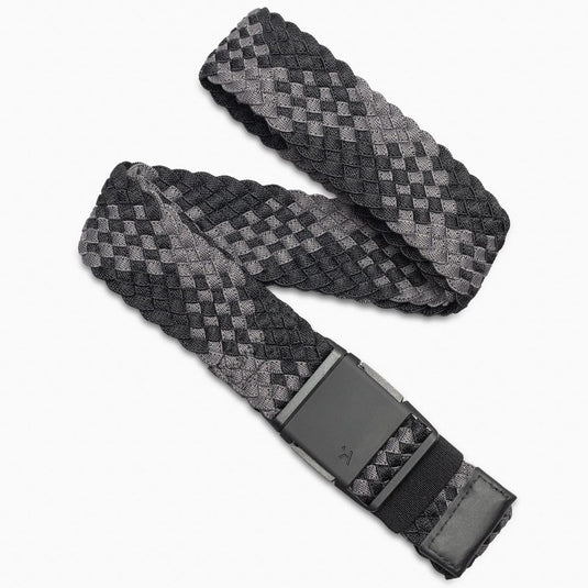 Woven belt with a black buckle on a white background