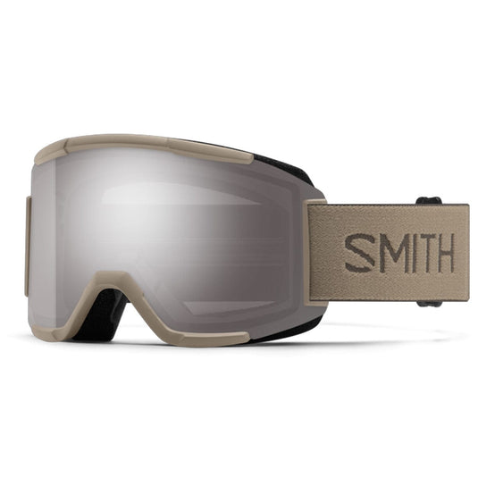 Smith snow goggles with a reflective lens on a white background