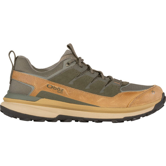 Brown and green hiking shoe with 'Oboz' branding on a white background