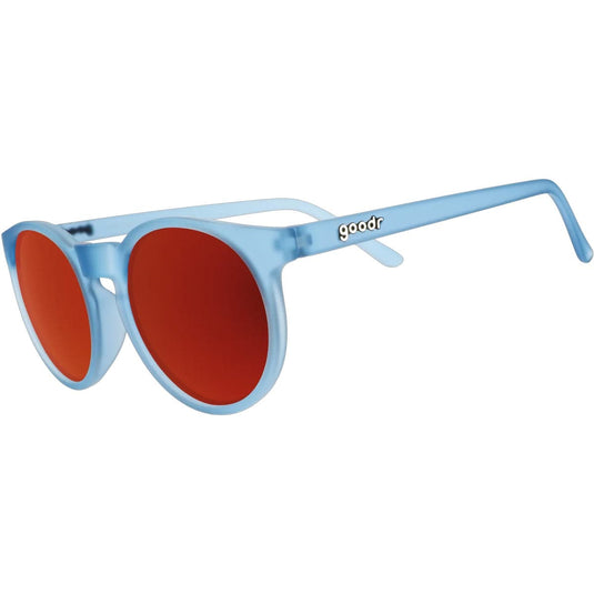 Blue sunglasses with red lenses on a white background