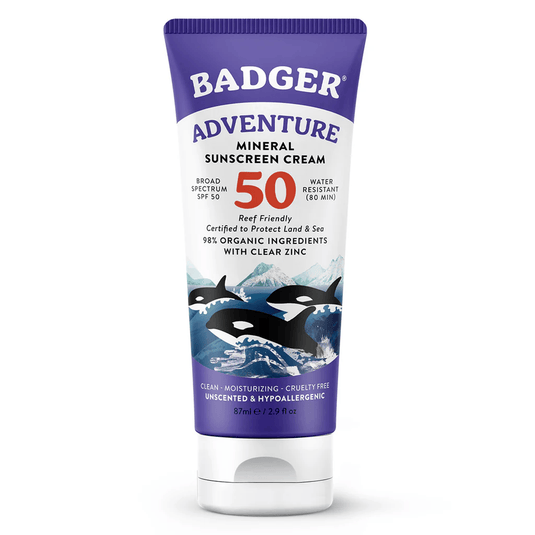 Badger Adventure Mineral Sunscreen Cream SPF 50 on a white background