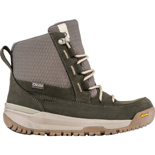 Green and gray hiking boot with Oboz branding on a white background