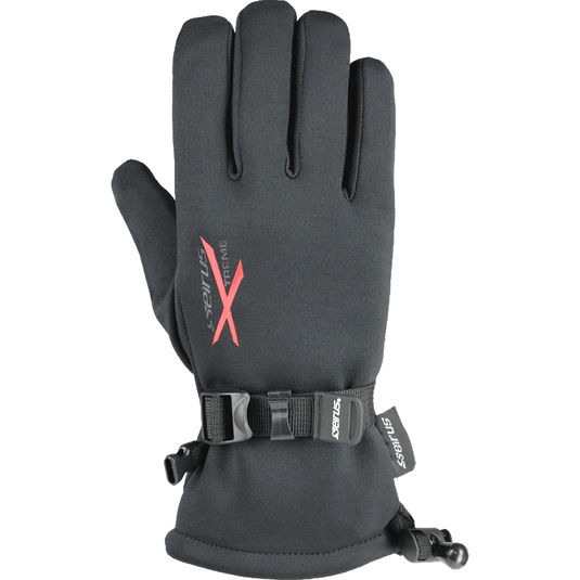 Black glove with a red logo on a white background