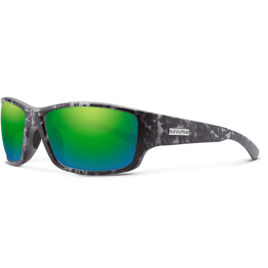 Sunglasses with green reflective lenses and a gray frame on a white background