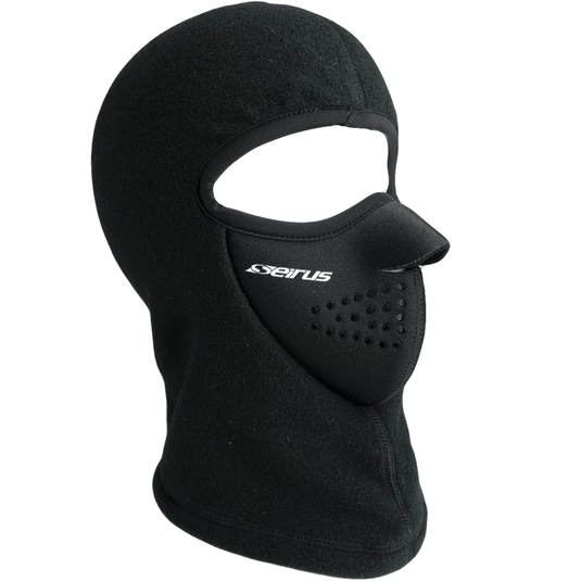 Black balaclava with Seirus logo on a white background