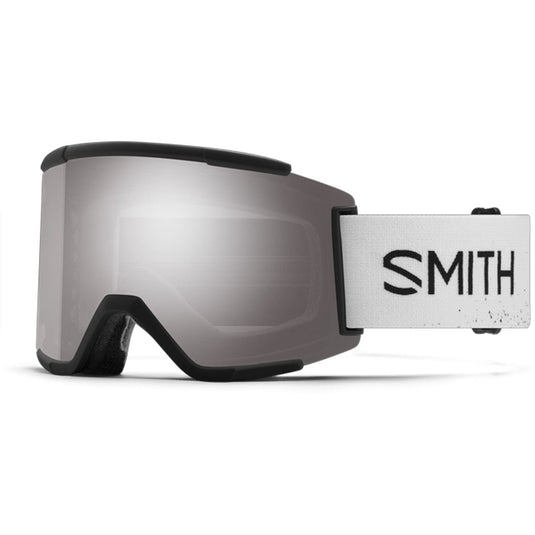 Smith snow goggles with silver lens and black frame on a white background