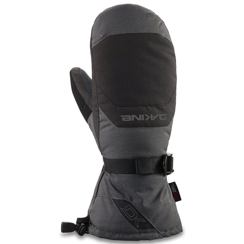 Gray and black ski mitt with Dakine branding on a white background