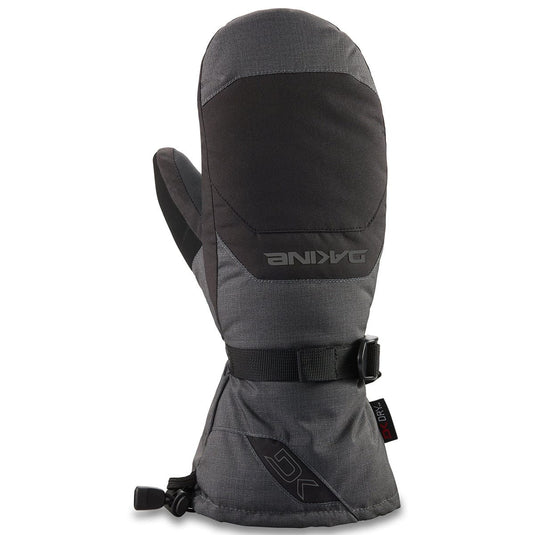 Gray and black ski mitt with Dakine branding on a white background