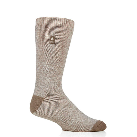 Beige sock with a logo on a white background
