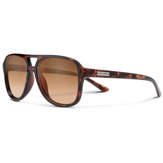 Sunglasses with tortoiseshell frame and brown lenses on a white background