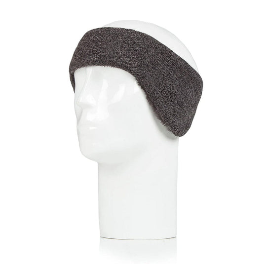 Gray knitted headband on a mannequin head against a white background