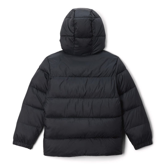 Black puffer jacket on a white background