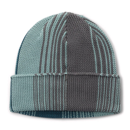 Knitted beanie with gray and teal stripes on a white background