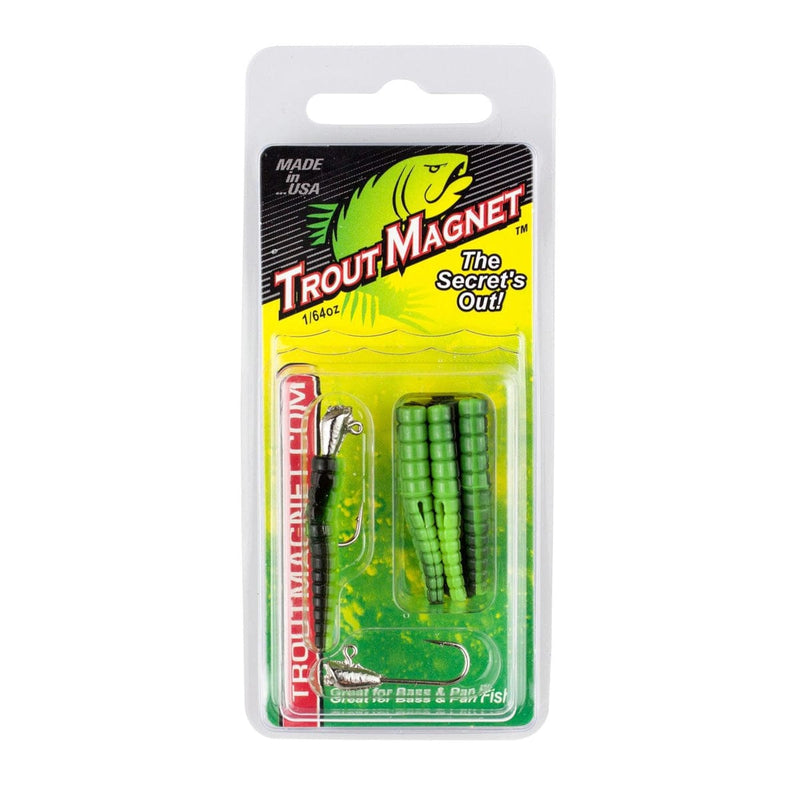 Load image into Gallery viewer, Packaged Trout Magnet fishing lure with green and red details on a white background
