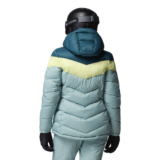Person wearing a two-tone puffer jacket with a Columbia helmet on a white background