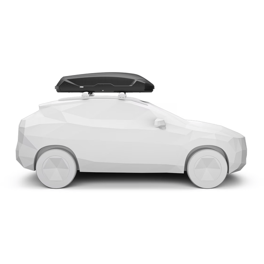 White car with a black roof box on a white background