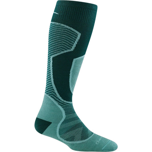 Green knee-high sock with geometric pattern on a white background