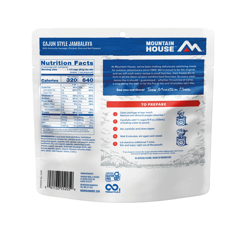 Load image into Gallery viewer, Mountain House Cajun Style Jambalaya food pack with nutrition facts and preparation instructions on a white background
