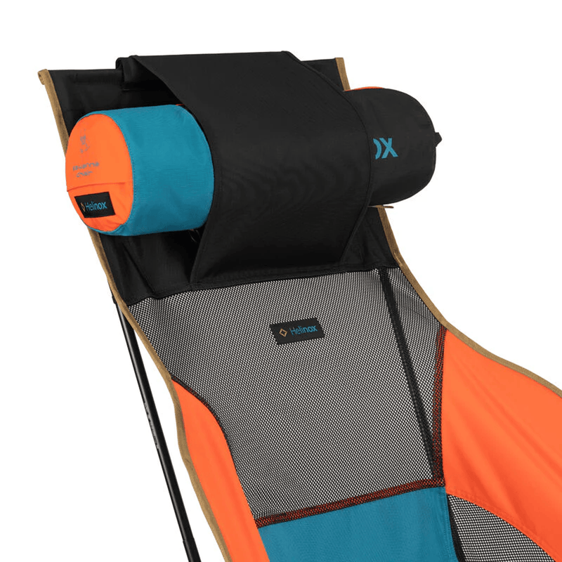 Load image into Gallery viewer, Orange and black camping chair with a pillow on a white background
