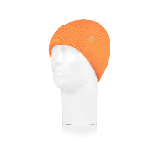 Orange beanie on a white mannequin head against a white background
